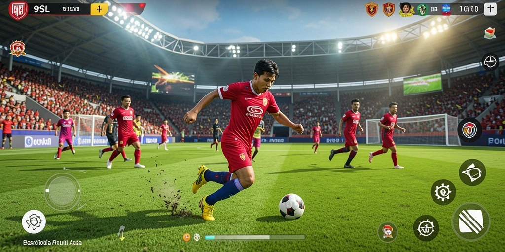Screenshot gameplay 9SL dengan aksi sepak bola yang mendebarkan.