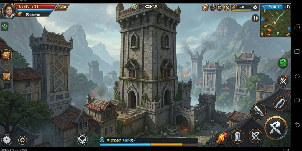 Tangkapan layar gameplay KOIN138 menampilkan pertarungan menara melawan gelombang musuh.