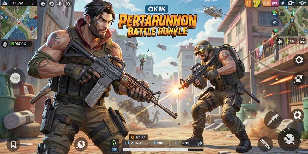 Tangkapan layar utama OKJK menampilkan duel intens dalam pertarungan Battle Royale.