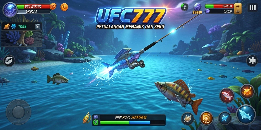 Screenshot utama UFO777 menampilkan gameplay memancing yang mengesankan.